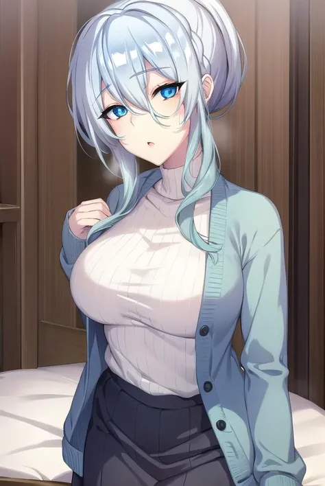 Yukio Yukino, Yukino Yuna, Long hair, Bangs, Blue eyes, hair between eye, Blue hair, Ponytail,BREAK skirt, Long sleeves, Black skirt, Sweaters, turtle neck, Ribbed sweater, White sweater, Cardigan, Blue cardigan, open cardigan,Break indoors, bed,BREAK looking at viewer, (Cowboy Shot:1.5),BREAK (masutepiece:1.2), Best Quality, High resolution, Unity 8k Wallpaper, (Illustration:0.8), (Beautiful detailed eyes:1.6), extra detailed face, Perfect Lighting, extremely details CG, (Perfect hands, Perfect Anatomy),
