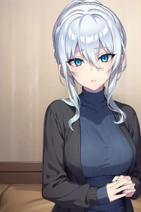 yukionayukino, <lora:yukionayukino-lora-nochekaiser:1>,
yuki ona yukino, long hair, bangs, blue eyes, hair between eyes, blue hair, ponytail,
BREAK skirt, long sleeves, black skirt, sweater, turtleneck, ribbed sweater, white sweater, cardigan, blue cardigan, open cardigan,
BREAK indoors, bed,
BREAK looking at viewer, (cowboy shot:1.5),
BREAK <lyco:GoodHands-beta2:1>, (masterpiece:1.2), best quality, high resolution, unity 8k wallpaper, (illustration:0.8), (beautiful detailed eyes:1.6), extremely detailed face, perfect lighting, extremely detailed CG, (perfect hands, perfect anatomy),