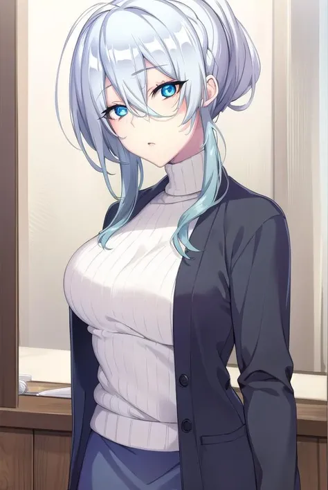 yukionayukino, <lora:yukionayukino-lora-nochekaiser:1>,
yuki ona yukino, long hair, bangs, blue eyes, hair between eyes, blue hair, ponytail,
BREAK skirt, long sleeves, black skirt, sweater, turtleneck, ribbed sweater, white sweater, cardigan, blue cardigan, open cardigan,
BREAK indoors, bed,
BREAK looking at viewer, (cowboy shot:1.5),
BREAK <lyco:GoodHands-beta2:1>, (masterpiece:1.2), best quality, high resolution, unity 8k wallpaper, (illustration:0.8), (beautiful detailed eyes:1.6), extremely detailed face, perfect lighting, extremely detailed CG, (perfect hands, perfect anatomy),