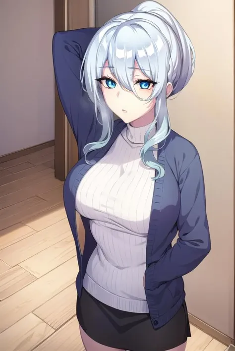 yukionayukino, <lora:yukionayukino-lora-nochekaiser:1>,
yuki ona yukino, long hair, bangs, blue eyes, hair between eyes, blue hair, ponytail,
BREAK skirt, long sleeves, black skirt, sweater, turtleneck, ribbed sweater, white sweater, cardigan, blue cardigan, open cardigan,
BREAK indoors, bed,
BREAK looking at viewer, (cowboy shot:1.5),
BREAK <lyco:GoodHands-beta2:1>, (masterpiece:1.2), best quality, high resolution, unity 8k wallpaper, (illustration:0.8), (beautiful detailed eyes:1.6), extremely detailed face, perfect lighting, extremely detailed CG, (perfect hands, perfect anatomy),