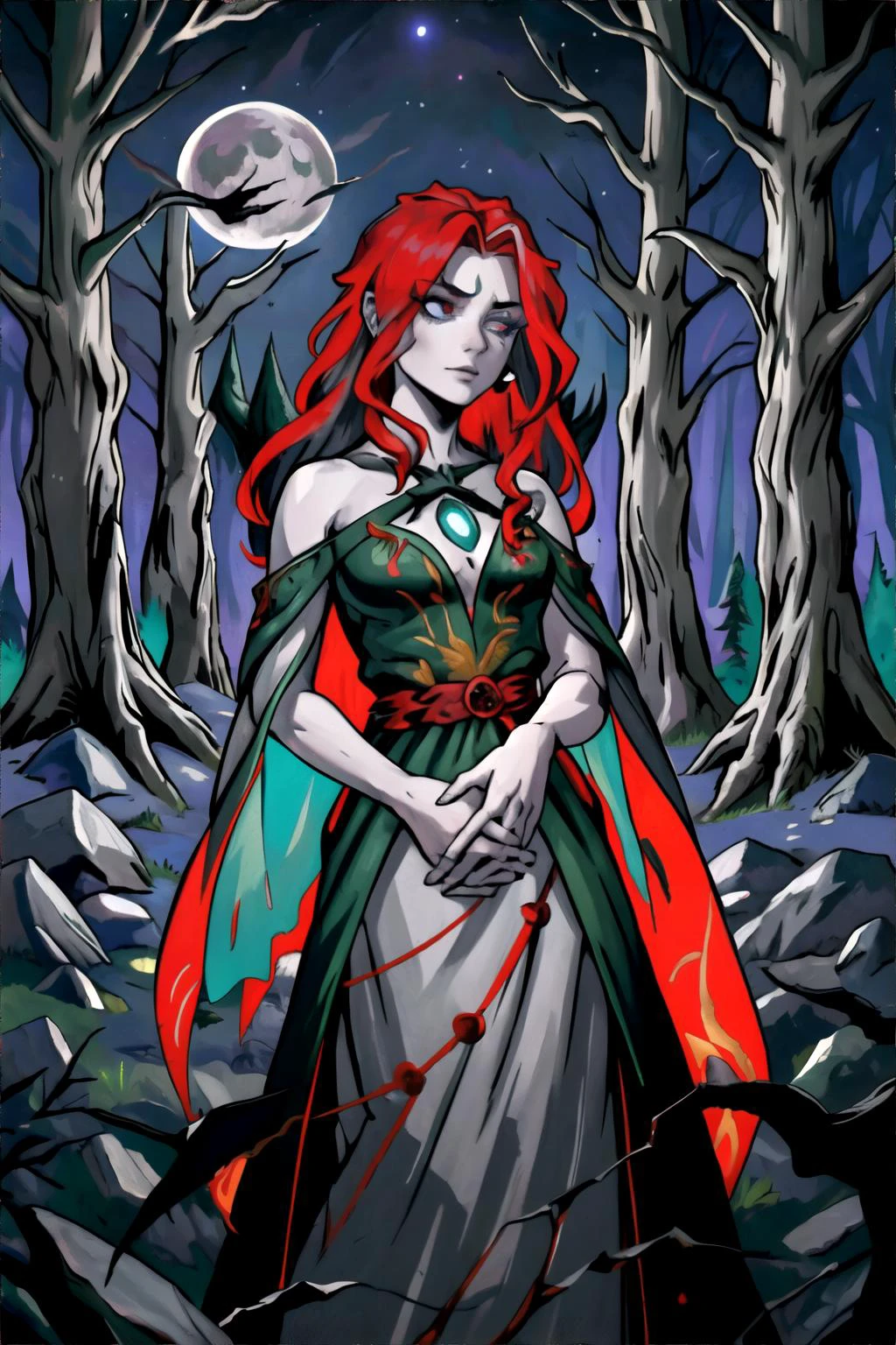 female Cyclop, wearing Enchanted forest-themed embroidered gowns, Red and Gray hair, Moonlit glen with ancient standing stones and ancient rituals, Hands clasped behind the head, reclining, masterpiece, 8k, high resolution, shallow depth of field, sharp focus