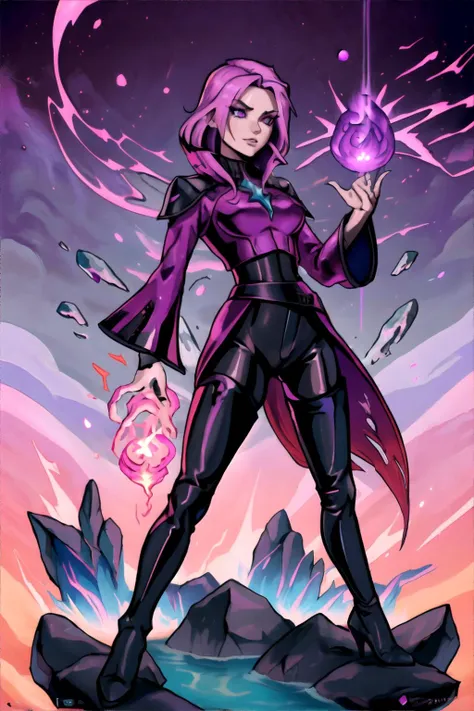 female Vodyanoy, wearing Sorceress warrior-inspired high-waisted leather pants with thigh-high boots, Pink and Purple hair, Elemental realm with fire, water, earth, and air elements., One hand on the hip, the other hand raised to the head, masterpiece, 8k, high resolution, shallow depth of field, sharp focus