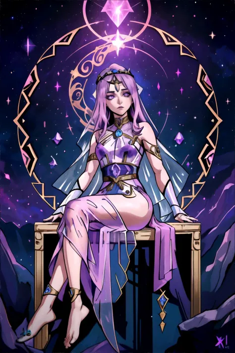female Vodyanoi, wearing Celestial maiden-inspired sheer maxi skirts with starry patterns, Pink and Purple hair, Portal to the past with ancient civilizations and mythical beings., Sitting on a step, gazing downward, masterpiece, 8k, high resolution, shallow depth of field, sharp focus