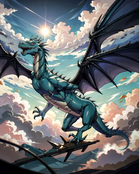 ((masterpiece), best quality, high quality, professional quality, highly detailed, highres, perfect lighting, natural lighting), blue dragon, flying in sky, clouds, night