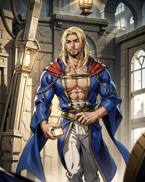 ((masterpiece), best quality, high quality, professional quality, highly detailed, highres, perfect lighting, natural lighting), (1boy, muscular, handsome, facial hair, medium length hair, blonde hair), wearing wizard robes, running, in a fantasy town