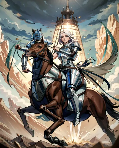 ((masterpiece), best quality, high quality, professional quality, highly detailed, highres, perfect lighting, natural lighting), knight, wearing armor, holding weapon, horseback, stallion, battle against monster