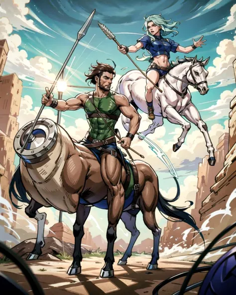 ((masterpiece), best quality, high quality, professional quality, highly detailed, highres, perfect lighting, natural lighting), male centaur, charging, bow and arrow drawn, in battle against monsters