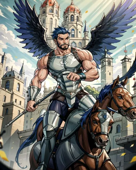 ((masterpiece), best quality, high quality, professional quality, highly detailed, highres, perfect lighting, natural lighting), (1boy, muscular, handsome, facial hair, short hair, blue hair), wearing armor, riding a horse, in a castle