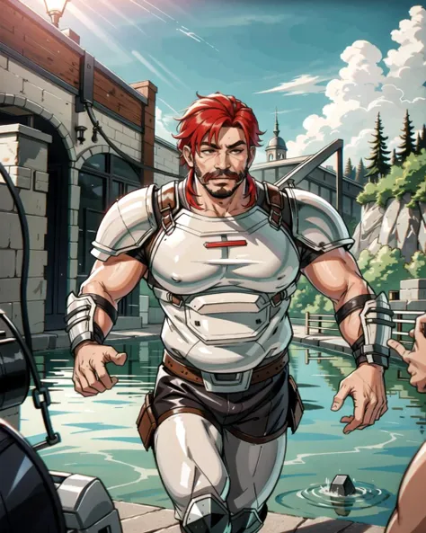 ((masterpiece), best quality, high quality, professional quality, highly detailed, highres, perfect lighting, natural lighting), (1boy, overweight, handsome, mustache, short hair, red hair), wearing armor, running, by a lake