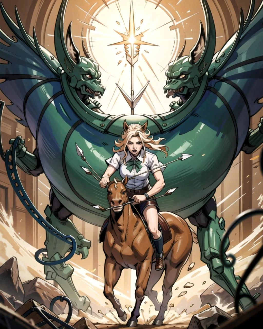 ((masterpiece), best quality, high quality, professional quality, highly detailed, highres, perfect lighting, natural lighting), female centaur, charging, bow and arrow drawn, in battle against monsters