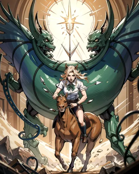 ((masterpiece), best quality, high quality, professional quality, highly detailed, highres, perfect lighting, natural lighting), female centaur, charging, bow and arrow drawn, in battle against monsters