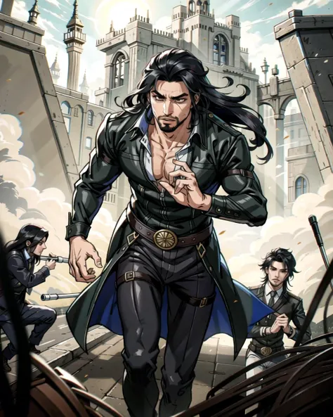 ((masterpiece), best quality, high quality, professional quality, highly detailed, highres, perfect lighting, natural lighting), (1boy, slender, handsome, goatee, long hair, black hair), wearing fantasy clothing, running, on a battlefield