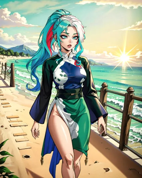 ((masterpiece), best quality, high quality, professional quality, highly detailed, highres, perfect lighting, natural lighting), (1girl, beautiful, medium breasts, (multicolored hair, white hair,green hair,blue hair, long hair, high ponytail), perfecteyes eyes), (wearing dairy cow print, extremelyBeautiful_beautifulclotheswild/Extremely beautiful clothes), on the beach, walking the boardwalk, <lyco:locon_perfecteyes_v1_from_v1_64_32:0.6>