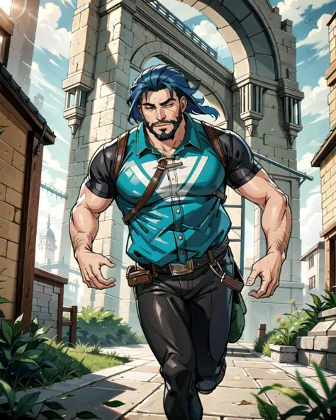 ((masterpiece), best quality, high quality, professional quality, highly detailed, highres, perfect lighting, natural lighting), (1boy, overweight, handsome, long beard, short hair, blue hair), wearing fantasy clothing, running, outdoors