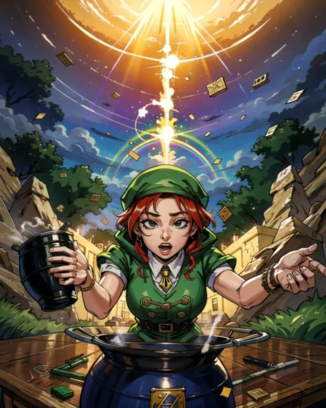 ((masterpiece), best quality, high quality, professional quality, highly detailed, highres, perfect lighting, natural lighting), leprechaun, hopping, on rainbow, holding pot of gold