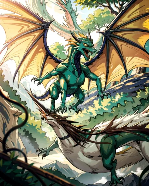 ((masterpiece), best quality, high quality, professional quality, highly detailed, highres, perfect lighting, natural lighting), yellow dragon, soaring over forest, lush green trees