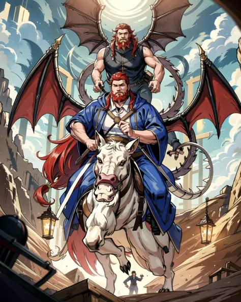 ((masterpiece), best quality, high quality, professional quality, highly detailed, highres, perfect lighting, natural lighting), (1boy, overweight, handsome, long beard, short hair, red hair), wearing wizard robes, riding a dragon, in a fantasy town