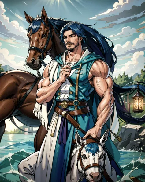 ((masterpiece), best quality, high quality, professional quality, highly detailed, highres, perfect lighting, natural lighting), (1boy, muscular, handsome, mustache, short hair, blue hair), wearing wizard robes, riding a horse, by a lake