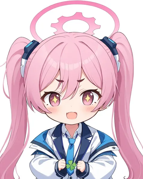 koyuki \(blue archive\),1girl, solo, collared_shirt, >_<, white_shirt, twintails, holding, fang, short_eyebrows, white_background, facing_viewer, halo, blue_necktie, thick_eyebrows, white_jacket, upper_body, xd, chibi, long_sleeves, blush, open_jacket, simple_background, ahoge, four-leaf_clover, open_mouth, puffy_sleeves
<lora:koyuki_(blue_archive)_image708_2023-11-28-000012:1>halo. gorgeous,key visual, vibrant, studio anime,award-winning, professional, highly detailed,high budget, cinemascope
