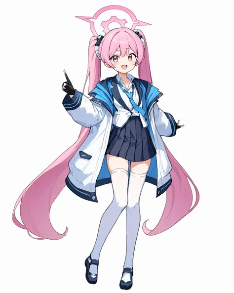 koyuki \(blue archive\),1girl, solo, blue_necktie, halo, white_background, open_mouth, twintails, simple_background, full_body, black_skirt, white_shirt, white_jacket, pleated_skirt, black_gloves, collared_shirt, pointing, multicolored_jacket, id_card, smile, long_sleeves, open_jacket, standing_on_one_leg, white_thighhighs, sketch, fingerless_gloves, teeth
<lora:koyuki_(blue_archive)_image708_2023-11-28-000012:1>halo. gorgeous,key visual, vibrant, studio anime,award-winning, professional, highly detailed,high budget, cinemascope