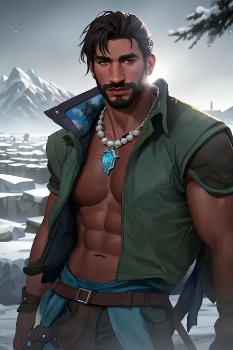 Harbor /(Valorant/), realistic, man, 1boy,, best quality, volumetric lighting, necklace, male focus, big nose, bara, detailed, (tan skin), frozen tundra background , looking at viewer, <lora:HarborValorant-000008:1>