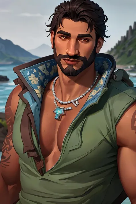 Harbor /(Valorant/), realistic, man, 1boy,, best quality, volumetric lighting, necklace, male focus, big nose, bara, detailed, (tan skin), tundra background , looking at viewer, <lora:HarborValorant-000008:1>