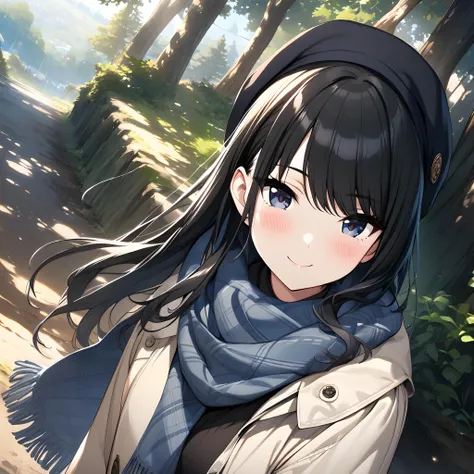 (masterpiece),(best quality),(ultra-detailed),(best illustration),(best shadow),(absurdres),(detailed background),(very aesthetic),  hiori kazano, 1girl, solo, tree, black hair, outdoors, looking at viewer, hat, smile, scarf, blush, long hair <lora:XL-HioriKazanov1:1>