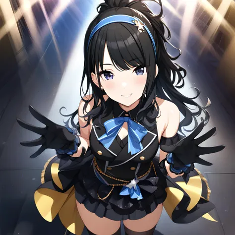 (masterpiece),(best quality),(ultra-detailed),(best illustration),(best shadow),(absurdres),(detailed background),(very aesthetic),  hiori kazano, black hair, ponytail, smile, 1girl, long hair, hairband, ponytail, gloves, bangs, idol, looking at viewer, from the front,  <lora:XL-HioriKazanov1:1>