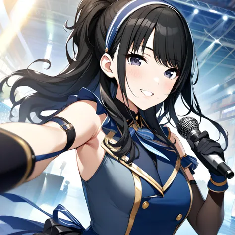 (masterpiece),(best quality),(ultra-detailed),(best illustration),(best shadow),(absurdres),(detailed background),(very aesthetic),  hiori kazano, black hair, ponytail, smile, 1girl, long hair, hairband, ponytail, gloves, bangs, idol, looking at viewer, from the front, mole under mouth, <lora:XL-HioriKazanov1:1>