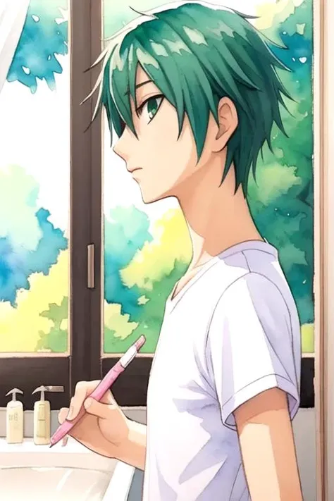 masterpiece, best quality, sketch, 1boy, solo, male focus, looking at viewer, upper body, depth of field, (watercolor illustration, soft pastel colors:1.1), , <lora:ryuu_tsuji:0.72>, ryuu_tsuji, green hair, green eyes, , bathroom,