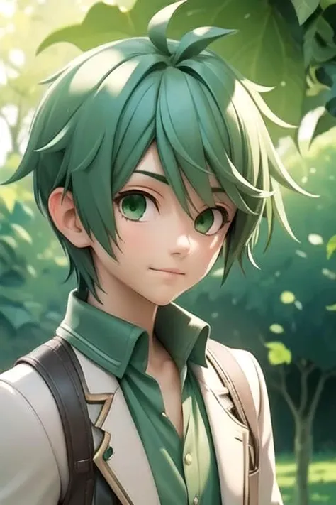 masterpiece, best quality, photorealistic, 1boy, solo, male focus, looking at viewer, , depth of field, , , <lora:ryuu_tsuji:0.70>, ryuu_tsuji, green hair, green eyes, irish costume, social science fiction,