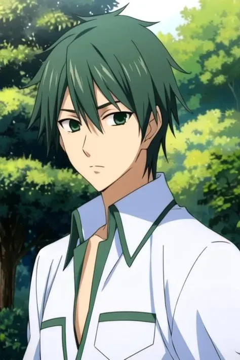 masterpiece, best quality, wallpaper, 1boy, solo, male focus, looking at viewer, upper body, , , realistic, <lora:ryuu_tsuji:0.68>, ryuu_tsuji, green hair, green eyes