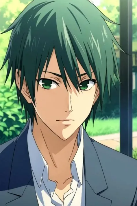 masterpiece, best quality, wallpaper, 1boy, solo, male focus, looking at viewer, upper body, depth of field, , realistic, <lora:ryuu_tsuji:0.74>, ryuu_tsuji, green hair, green eyes