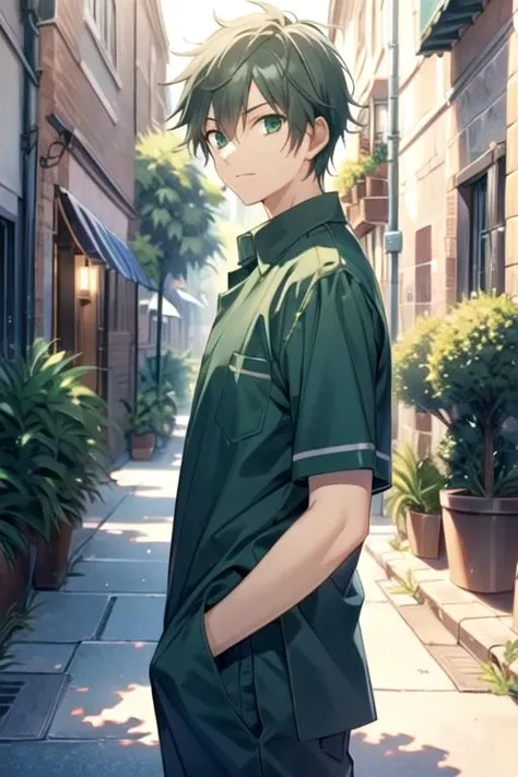 masterpiece, best quality, game cg, 1boy, solo, male focus, looking at viewer, , , , , <lora:ryuu_tsuji:0.66>, ryuu_tsuji, green hair, green eyes, , alleyway, HDR