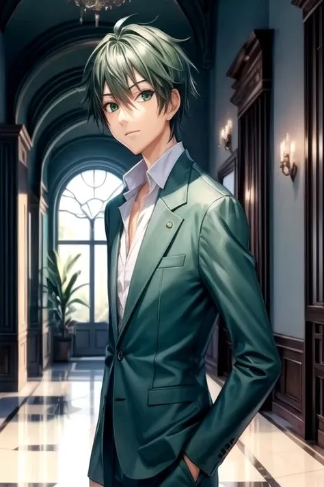 masterpiece, best quality, illustration, 1boy, solo, male focus, looking at viewer, , , , , <lora:ryuu_tsuji:0.74>, ryuu_tsuji, green hair, green eyes, suit jacket, , , 2k resolution
