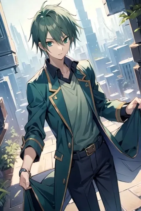 masterpiece, best quality, sketch, 1boy, solo, male focus, looking at viewer, , , anime coloring, , <lora:ryuu_tsuji:0.74>, ryuu_tsuji, green hair, green eyes, outlaw costume, floating city, HDR
