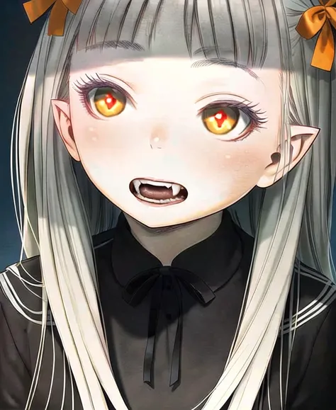 1girl, black_background, bow, long_hair, looking_at_viewer, open_mouth, orange_eyes, pointy_ears, ribbon, simple_background, solo, teeth, yellow_eyes, <lora:renji_murata:0.8>