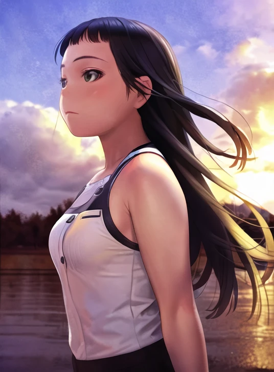 (1girl), sunset, closed mouth, many aircraft,looking away, <lora:renji_murata-000010:0.9>