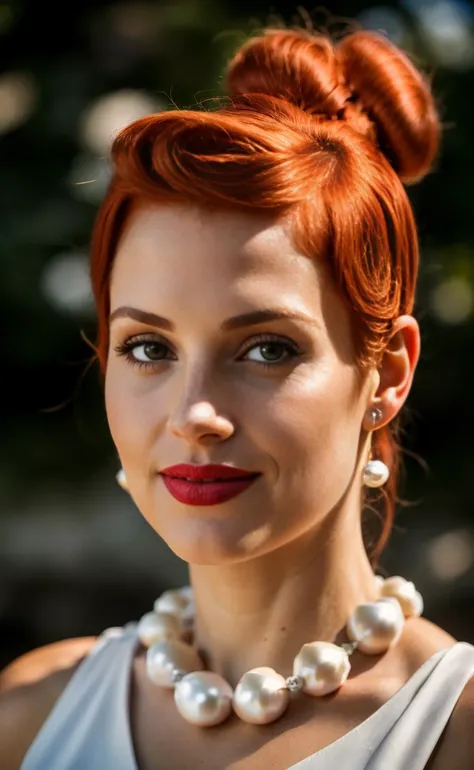 <lora:Wilma_Flintstone1-0608:0.8> A professional ((full body) three quarters photo) of a beautiful 35y old woman, (Wilma flintstone:1), red hair, ponytail, white dress, (pearl necklace), lipstick, barefoot, smiling, finely detailed skin, detailed hair, detailed clothing texture, sharp focus, depth of field. female focus. bokeh:1.4, natural lighting, rock background, kkw-ph1.