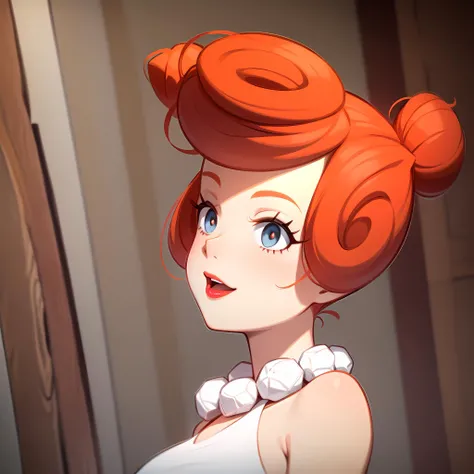 ((masterpiece, best quality)),(complex lighting) ,upper body, solo, wilma flintstone, red hair, ponytail bun, <lora:Wilma_Flintstone1:0.8>,white dress, pearl necklace, closed mouth, lipstick,