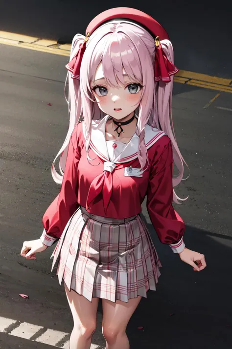 masterpiece, best quality, highres, bbyuni, two side up, grey eyes, hair ribbon, hat, beret, choker, school uniform, sailor collar, neckerchief, red shirt, long sleeves, plaid skirt, pink skirt, <lora:yuni_(nikke)_v1:0.7>, shaded face, standing, street, from above, glowing eyes,