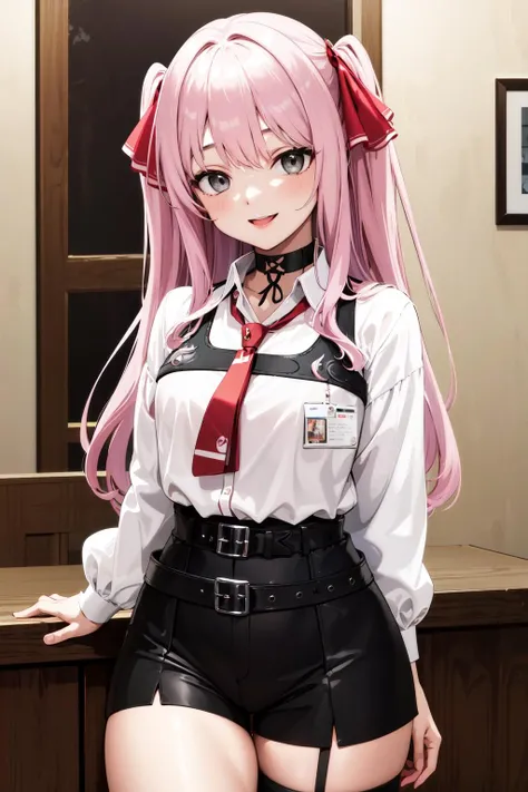 masterpiece, best quality, highres, aayuni, two side up, hair ribbon, black choker, grey eyes, red necktie, harness, (white shirt:1.1), collared shirt, puffy sleeves, black belt, black shorts, high-waist shorts, thigh strap, <lora:yuni_(nikke)_v1:0.7>, standing, cowboy shot, smile, indoors, arms at sides,