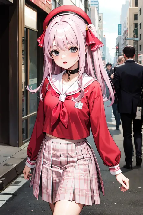 masterpiece, best quality, highres, bbyuni, two side up, grey eyes, hair ribbon, hat, beret, choker, school uniform, sailor collar, neckerchief, red shirt, long sleeves, plaid skirt, pink skirt, <lora:yuni_(nikke)_v1:0.7>, walking, street, :(, cowboy shot,