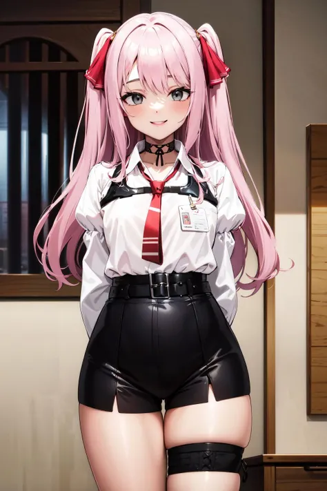 masterpiece, best quality, highres, aayuni, two side up, hair ribbon, black choker, grey eyes, red necktie, harness, (white shirt:1.1), collared shirt, puffy sleeves, black belt, black shorts, high-waist shorts, thigh strap, <lora:yuni_(nikke)_v1:0.7>, room, night, evil grin,
