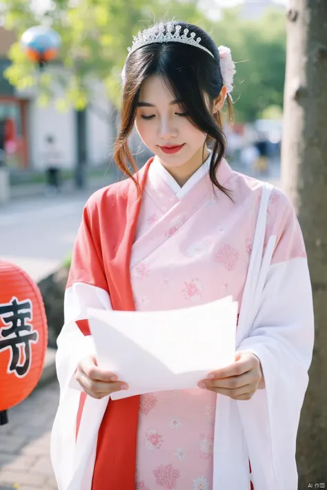 a young Asian woman dressed in a kimono-style dress, adorned with a white and red shawl, is holding a white paper in her hands. Her hair is pulled back in a ponytail, and she is wearing a tiara on her head. She is looking down at the paper, and her eyes are closed. The background is blurred, with a tree, a street lamp, and a building visible in the distance. To the left of the woman, a red lantern is visible.