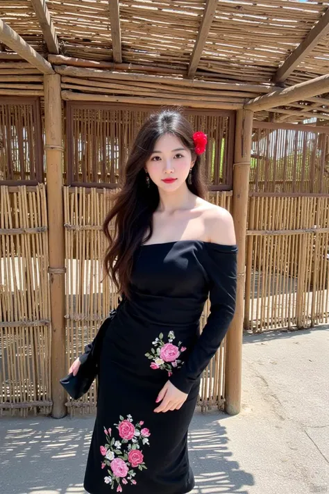 Captured from a high-angle perspective on a sunny day, a young Asian woman stands in front of a bamboo hut. She is dressed in a black off-the-shoulder blouse with a black skirt adorned with pink and white flowers. Her hair is long and cascades over her shoulders. She has a red flower in her hair, adding a pop of color to her outfit. The hut casts a shadow on the ground beneath her, adding depth to the scene.