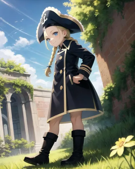 best quality, (masterpiece:1.2), illustration, absurdres,
(1girl, solo), (beautiful detailed girl),
<lora:Patty:1>, Patty Fleur, blonde hair, twin braids, blue eyes, young, child,
pirate hat, pirate, coat, boots
from below,
hands on hips, proud, confident, smile, looking at viewer,
magical forest, flowers, ancient ruins, stone ruins, sky, clouds,,