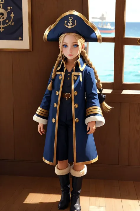 professional full body photo of blonde hair, twin braids, blue eyes, young, pirate hat, pirate, coat, boots,
detailed skin, detailed eyes, pirate cove,
volumetric light, highrez, masterpiece, best quality,
<lora:Patty:0.85:MIDD>