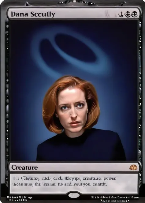 <lora:MagicXL:1> magic the gathering card, dana scully, text that says "creature", text that says "power - skeptic" <lora:DanaScully:0.6> dana scully