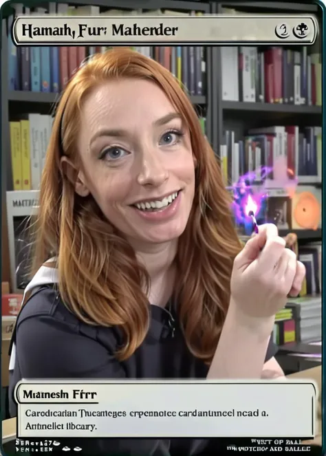 <lora:MagicXL:1> magic the gathering card,<lora:hannahFryXL:1> hannah fry, text that says "mathemagician" teaching in an arcane library